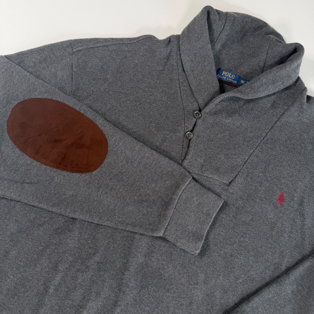 Polo Ralph Lauren Shawl Collar Sweater Mens 3XLT Gray Cotton Elbow Patch Tall